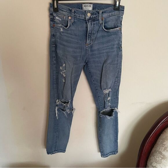 Agolde High Rise Distressed Skinny Jeans Blue Size 26 - Picture 3 of 9